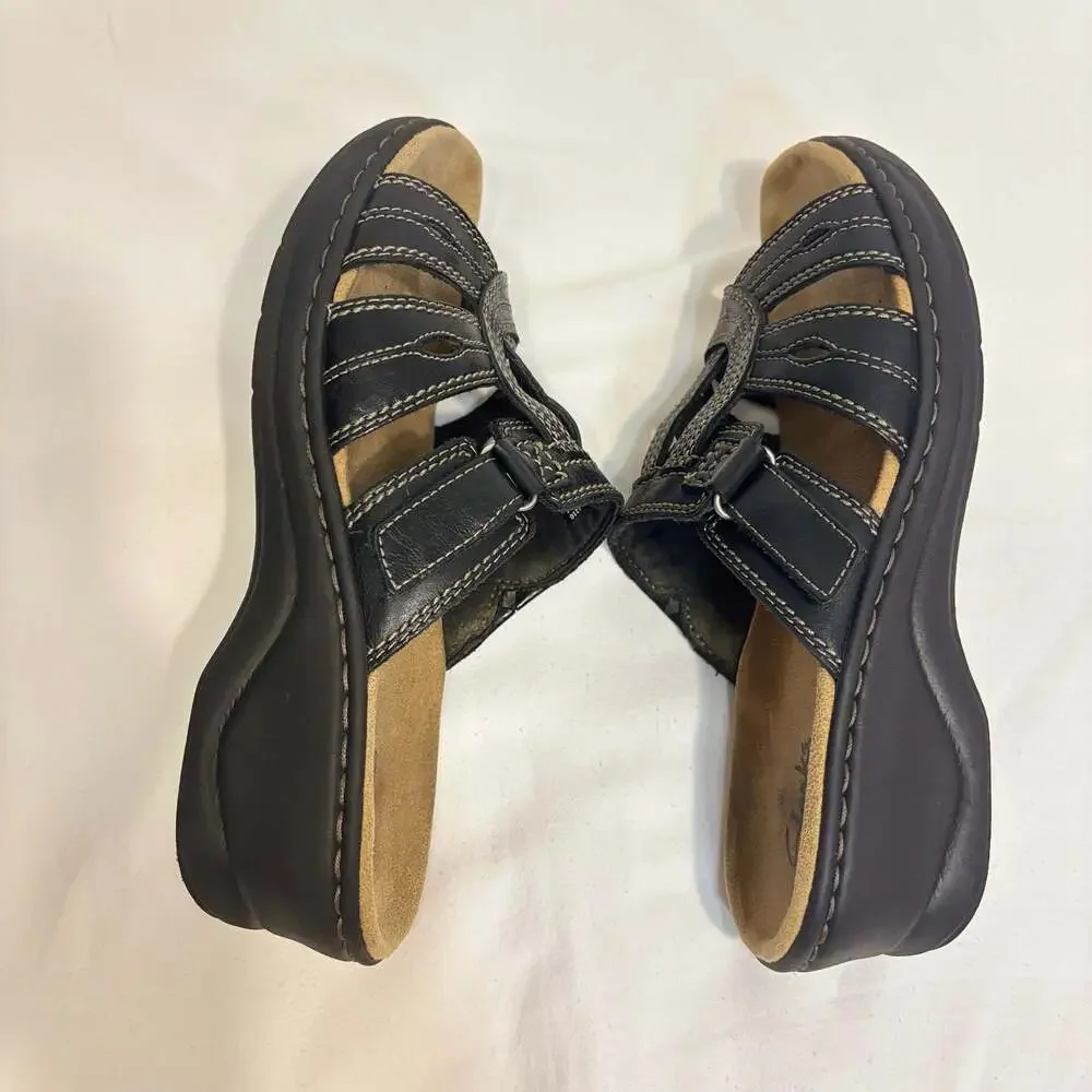 Clarks Bendables Black Leather Wedge Comfort Sandals Size 9